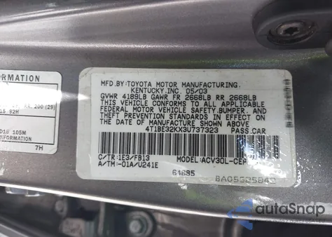 2003 Toyota Camry Le z USA, uszkodzony, nr VIN 4T1BE32KX3U737323